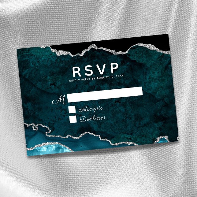 Cartão RSVP Casamento com Agata Teal Silver (Criador carregado)