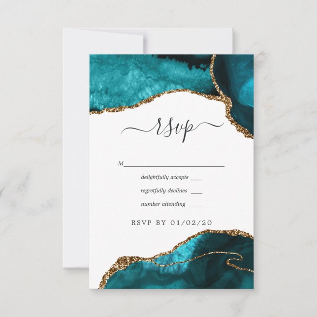 Cartão RSVP Casamento com Ágata Turquesa e Dourado (Frente)