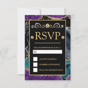 Cartão RSVP Casamento com Agitação Dourada do Teal Roxo Azul