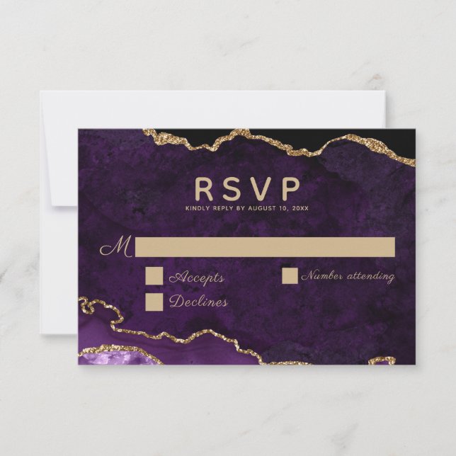 Cartão RSVP Casamento com Agitação Dourada Roxa (Frente)