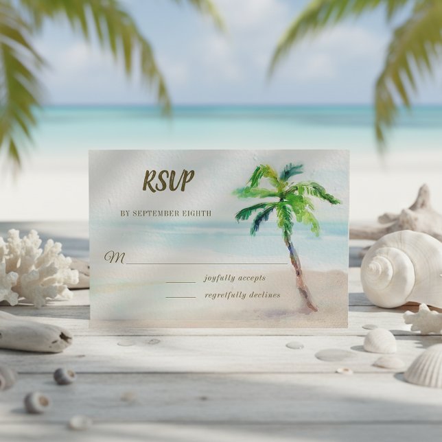 Cartão RSVP Casamento com Aquarelas de Palma de Praia Tropical (Criador carregado)