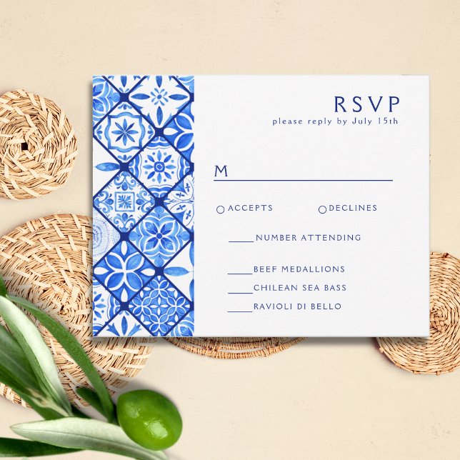 Cartão RSVP Casamento com Azulejos Azuis do Mediterrâneo Moder (Criador carregado)
