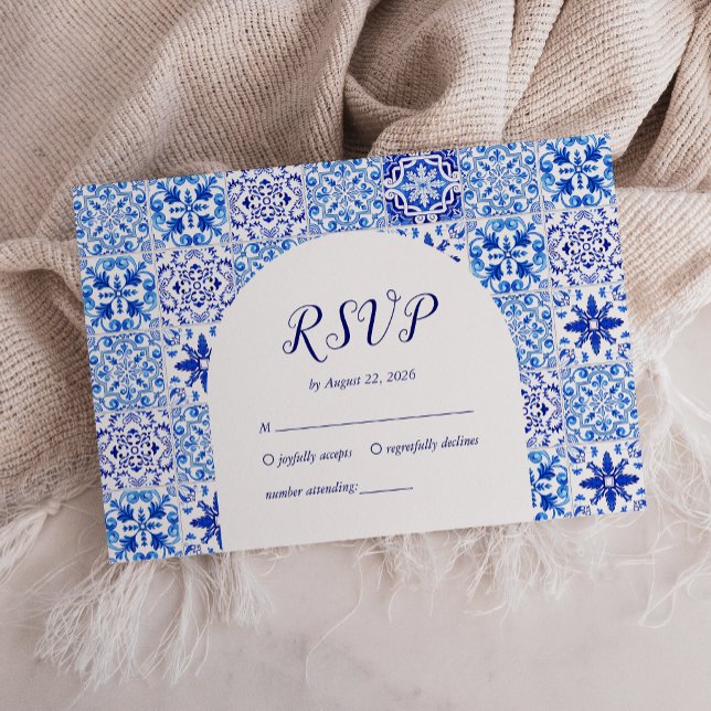 Cartão RSVP Casamento com Azulejos brancos azuis portugueses (Criador carregado)