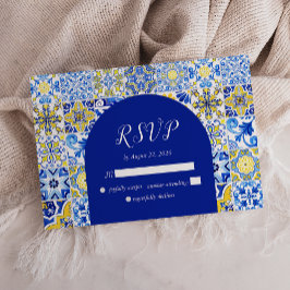 Cartão RSVP Casamento com Azulejos brancos azul-amarelos