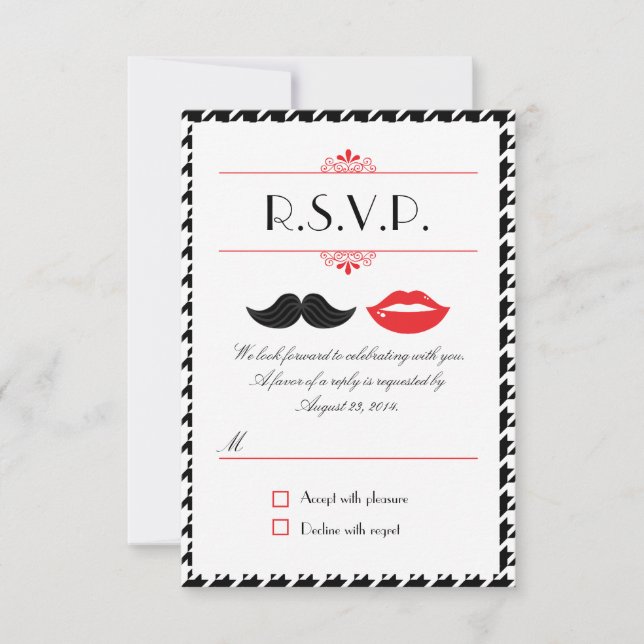 Cartão RSVP Casamento com Bigode e Lábios Vermelhos, Pretos e  (Frente)