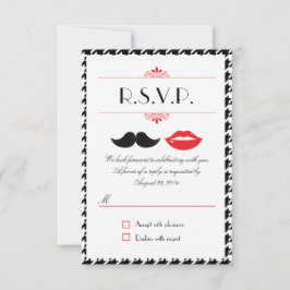 Cartão RSVP Casamento com Bigode e Lábios Vermelhos, Pretos e 