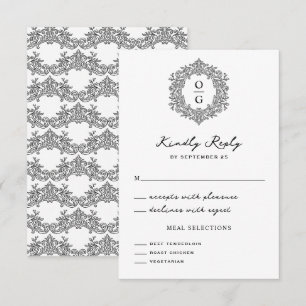 Cartão RSVP Casamento com Brasão de Herança Preto Elegante