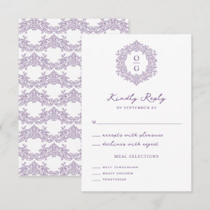 Cartão RSVP Casamento com Brasão de Herança Roxa Elegante