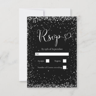 Cartão RSVP Casamento com Brilho Preto Prata Moderno