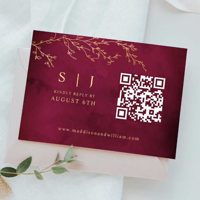 Cartão RSVP Casamento com Código QR Botânico Vermelho e Dourad (Criador carregado)