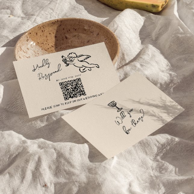 Cartão RSVP Casamento com Código QR Cupido Desenhado Retro (Criador carregado)