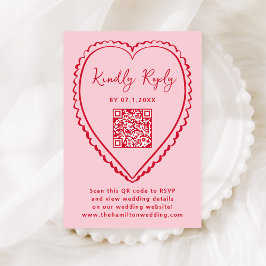 Cartão RSVP Casamento com Código QR de Coração Rosa e Vermelho