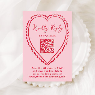 Cartão RSVP Casamento com Código QR de Coração Rosa e Vermelho