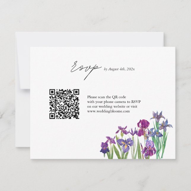Cartão RSVP Casamento com código QR de flor Iris (Frente)