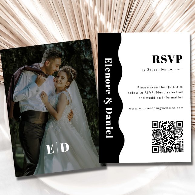 Cartão RSVP Casamento com código QR de onda branca e preta (Black and White Side Wave QR code Photo Wedding RSVP Card)