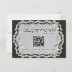 Cartão RSVP Casamento com Código QR de Renda Preta e Branca Vi