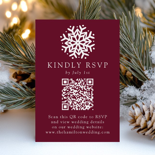 Cartão RSVP Casamento com código QR de vinho com floco de neve (Criador carregado)