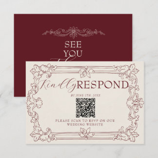 Cartão RSVP Casamento com Código QR Floral Burgundy Luxuoso