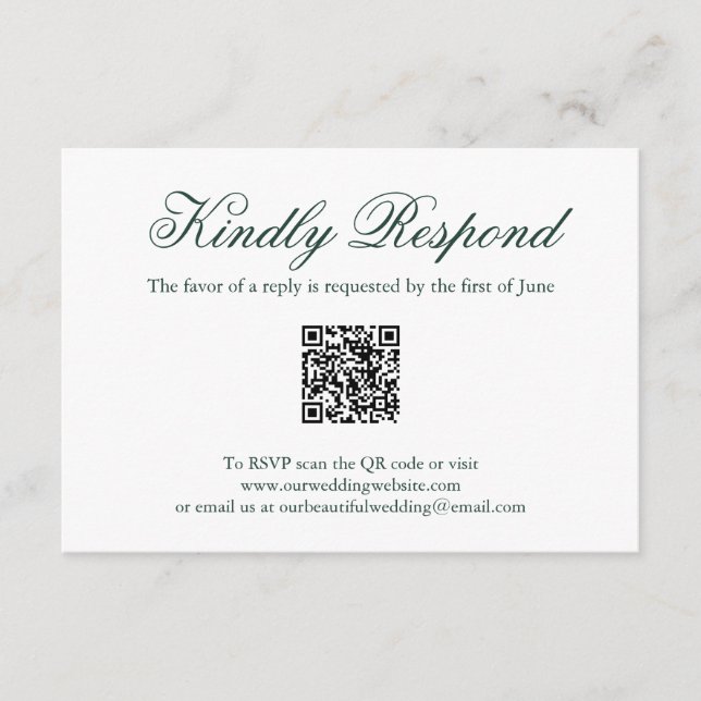 Cartão RSVP Casamento com Código QR Formal Verde Florestal Tra (Frente)