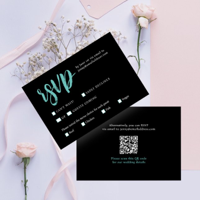Cartão RSVP Casamento com código QR moderno preto Na moda simp (Criador carregado)