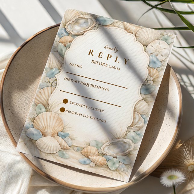Cartão RSVP Casamento com Coroa de Praia Neutra (Criador carregado)