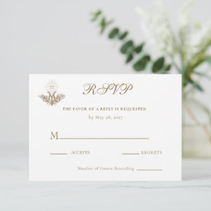Cartão RSVP Casamento com Cruz Mariana Dourada do Século XIX