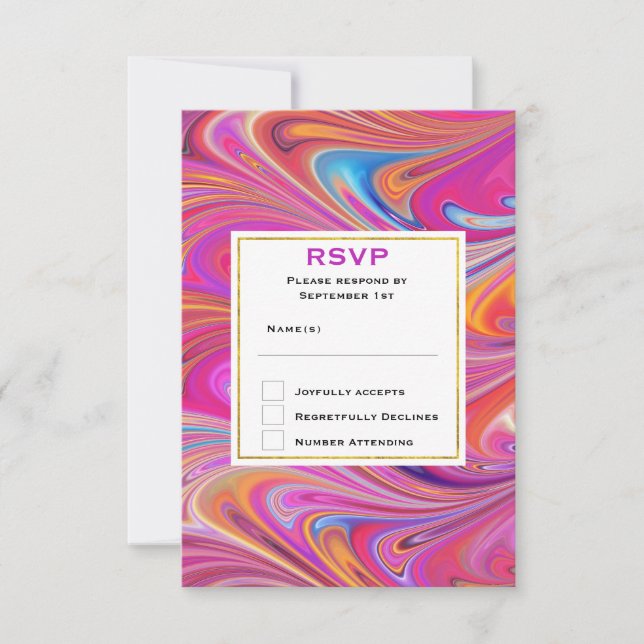 Cartão RSVP Casamento com Design Giratório Trippy Rosa e Laran (Frente)