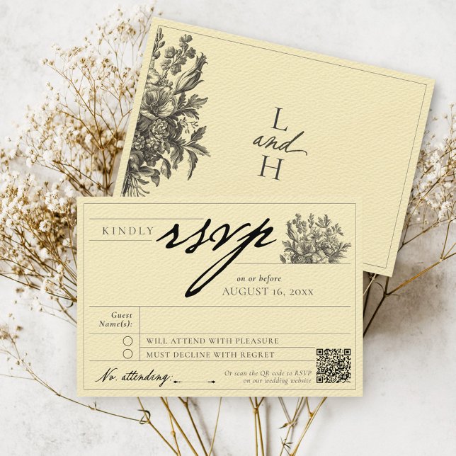 Cartão RSVP Casamento com Etiqueta Floral de Manteiga Amarela  (Elegant black vintage floral bouquet boho butter yellow botanical classic monogram QR wedding RSVP)