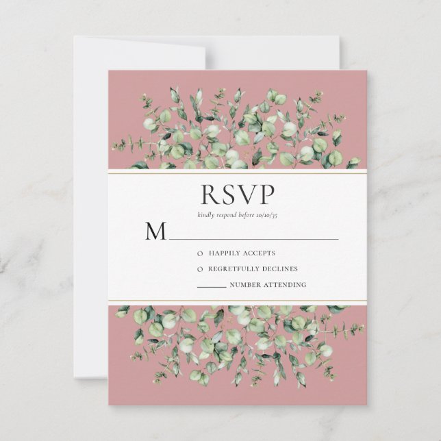 Cartão RSVP Casamento com Eucalipto Rosa Bege (Frente)