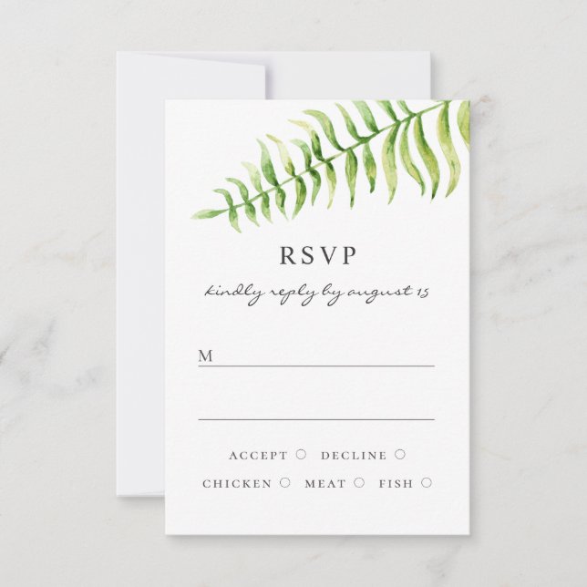 Cartão RSVP Casamento com fern de aquarela. Floresta floral (Frente)