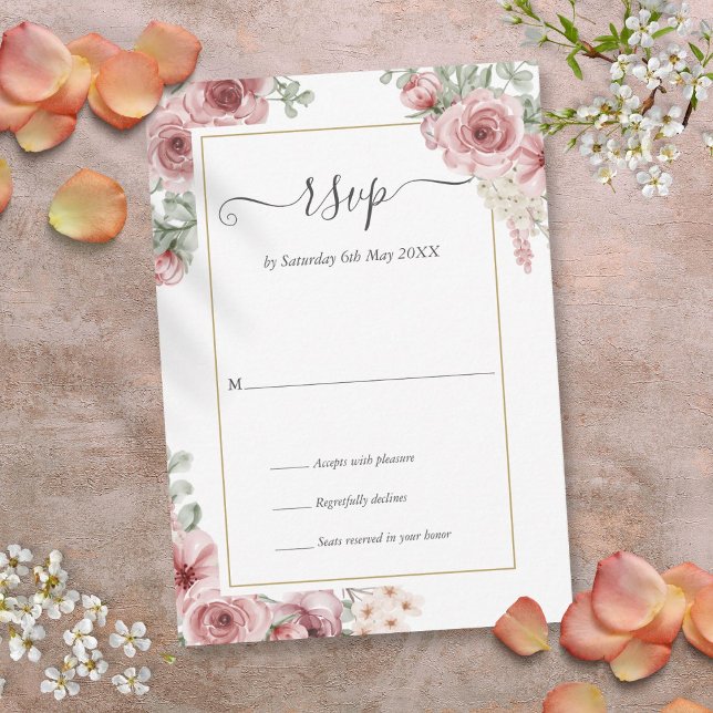 Cartão RSVP Casamento com Flor Rosa Poeirenta Elegante Rótulo (Elegant Dusty Rose Floral Script Wedding RSVP Card)