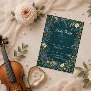 Cartão RSVP Casamento com Flor Silvestre Azul Elegante