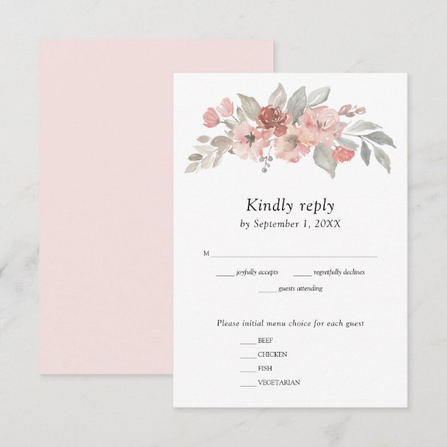 Cartão RSVP Casamento com Florais Rosa Elegante em Aquarela (Frente/Verso)