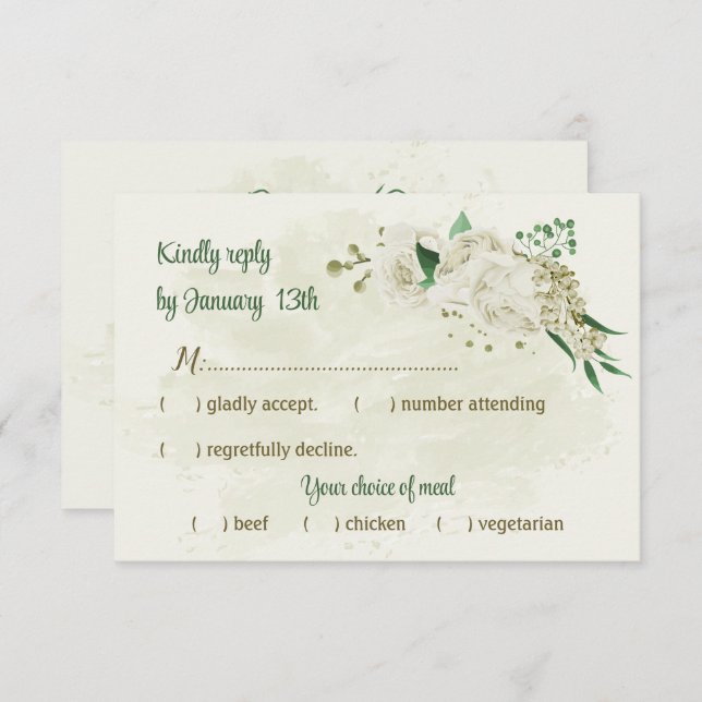 Cartão RSVP Casamento com flores brancas de marfim (Frente/Verso)