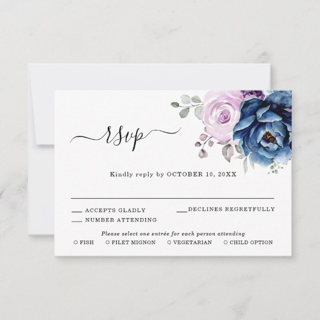 Cartão RSVP Casamento com Flores de Lilás Azul Navy Roxo (Frente)