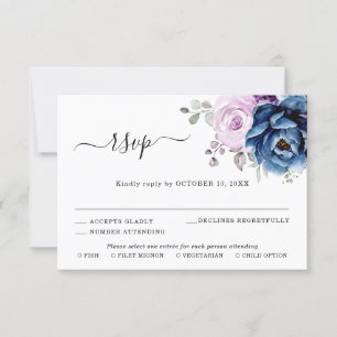 Cartão RSVP Casamento com Flores de Lilás Azul Navy Roxo em Pó