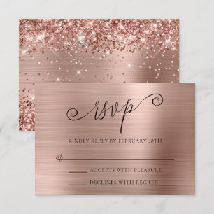 Cartão RSVP Casamento com Folha Dourada Rosa Espelhada