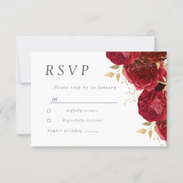 Cartão RSVP Casamento com Folhas Douradas Românticas de Rosas 