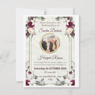 Cartão RSVP Casamento com Foto Burgundy e Dourado Floral Escur