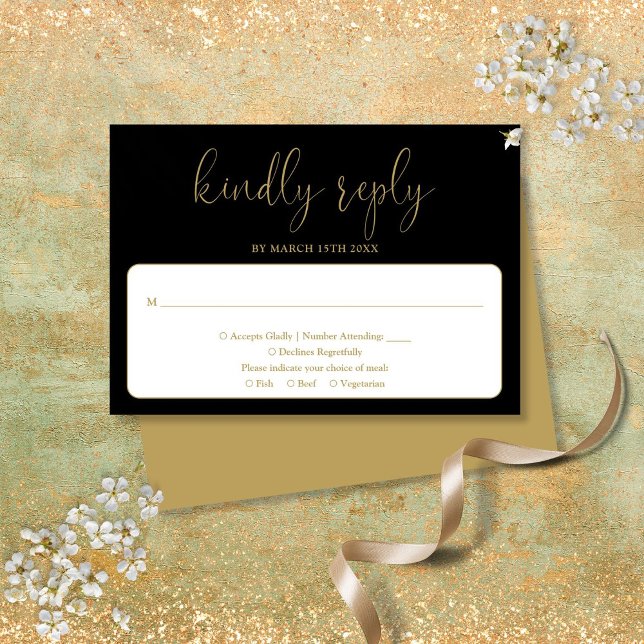 Cartão RSVP Casamento com Grafia Elegante Chic Moderno Preto e (Black And Gold Modern Chic Elegant Script Wedding RSVP Card)