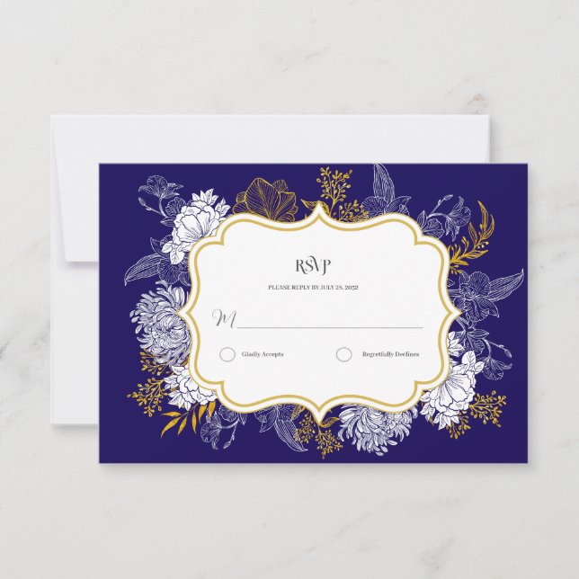 Cartão RSVP Casamento com Gráfico de Botânica Dourada Azul (Frente)