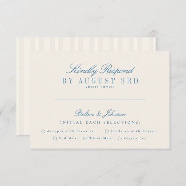 Cartão RSVP Casamento com Greve de Creme Azul francês (Frente/Verso)