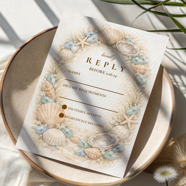 Cartão RSVP Casamento com Grinalda de Conchas Marinhas Costeir (Criador carregado)