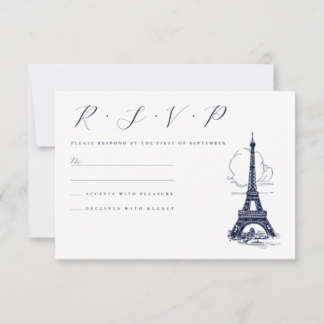 Cartão RSVP Casamento com Ilustração da Torre Eiffel Clássica  (Frente)