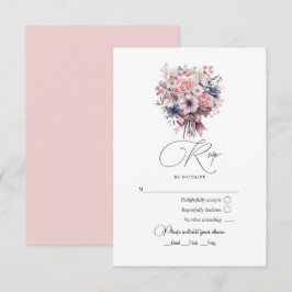Cartão RSVP Casamento com Laço Cor-de-Rosa e Buquê Pastel