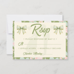 Cartão RSVP Casamento com Laço Xadrez Verde Flor Silvestre