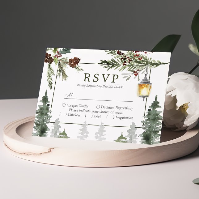 Cartão RSVP Casamento com Lanterna Botânica de Árvores de Pinh (Criador carregado)