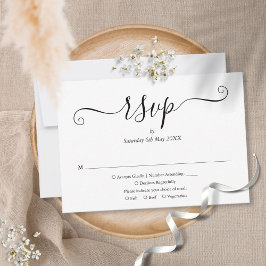 Cartão RSVP Casamento com Letra Simples e Elegante Preto e Bra