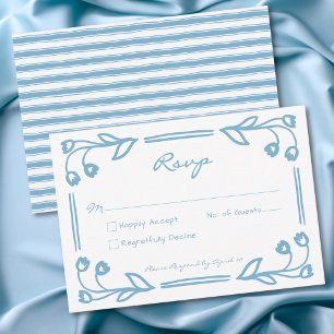 Cartão RSVP Casamento com Listra Floral Azul Caprichosa à Mão