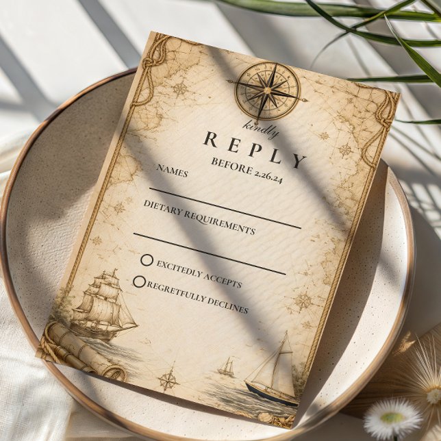 Cartão RSVP Casamento com Mapa Náutico Antigo (Criador carregado)